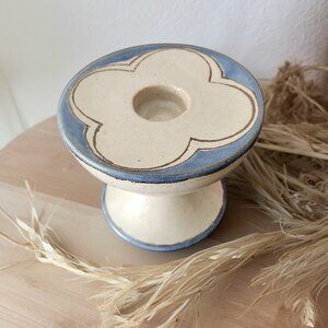 Vintage Signed European Studio Pottery Candle Holder: Quatrefoil Flower Design